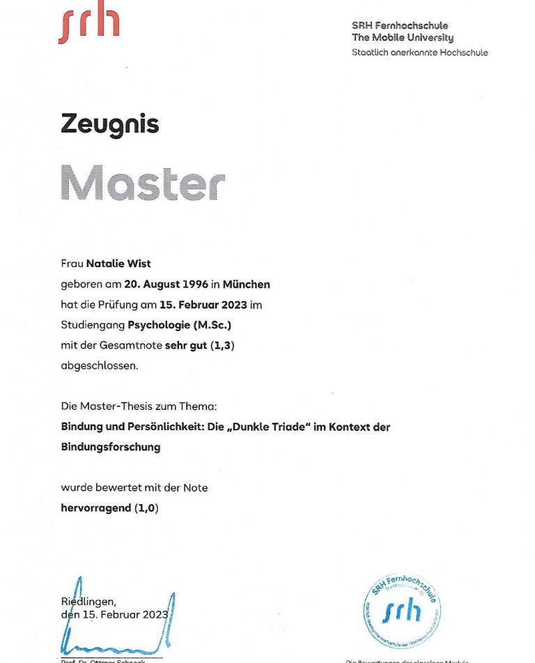 Masterzeugnis von Natalie Wist, Note 1,3, ausgestellt am 15.02.2023 in Riedlingen.