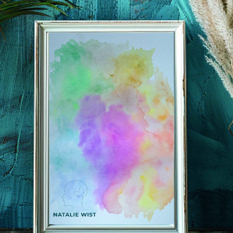 Bunte Aquarellmalerei in einem eleganten Rahmen, vor einem blauen Hintergrund.