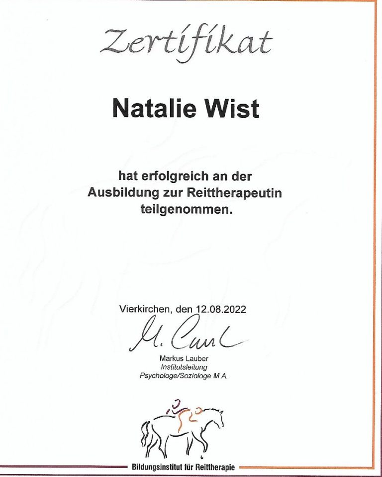 Zertifikat für Natalie Wist zur Ausbildung als Reitpädagogin, datiert 12.08.2022.