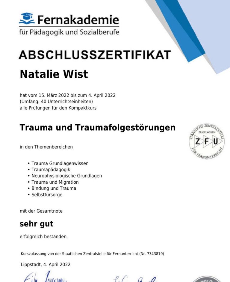 Abschlusszertifikat für Trauma und Traumafolgen von Natalie Wist.